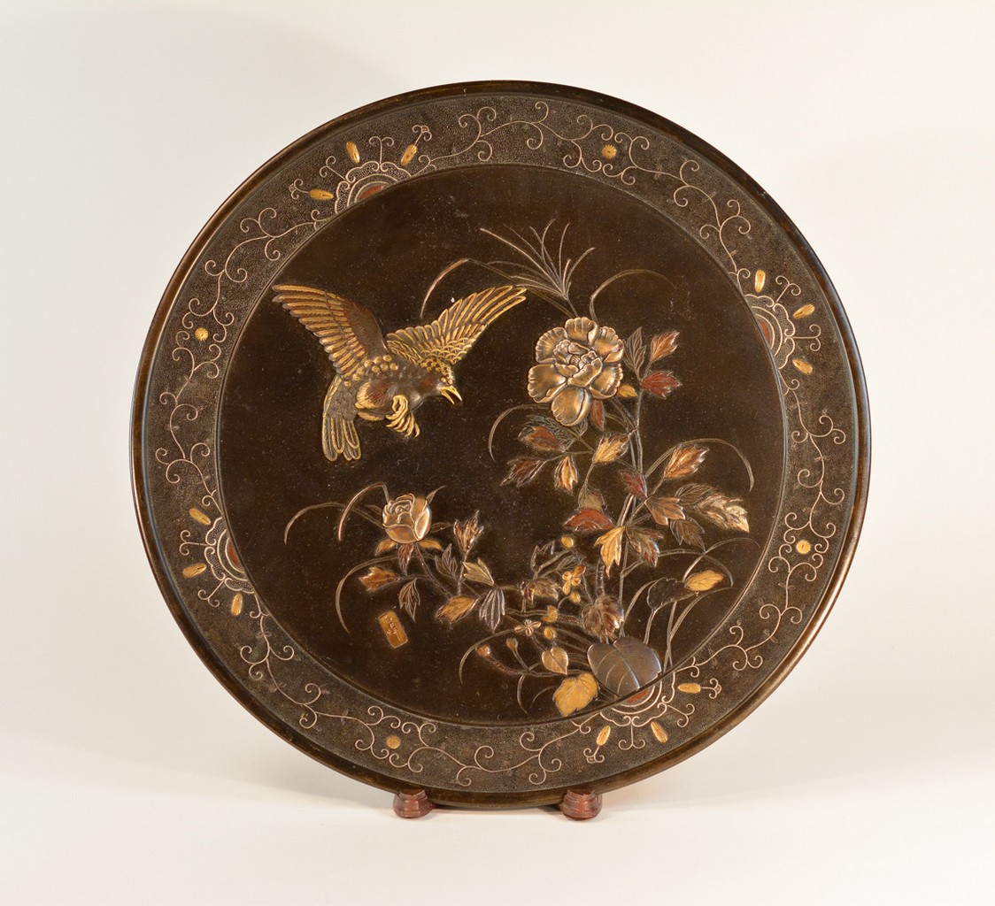 Large Japanese Bronze Mixed Metal Charger with Hawk meiji period, signed by the artist, measures