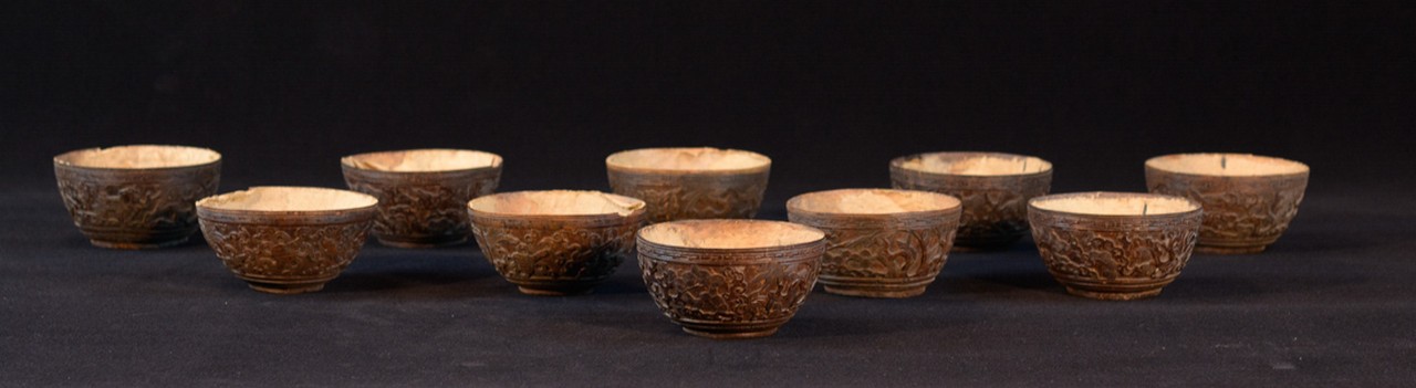 Set of Chinese Coconut Shell Scholar Cups- Fitted Box 19th cen or earlier, measures 1.5"h 21.5"w 5"d