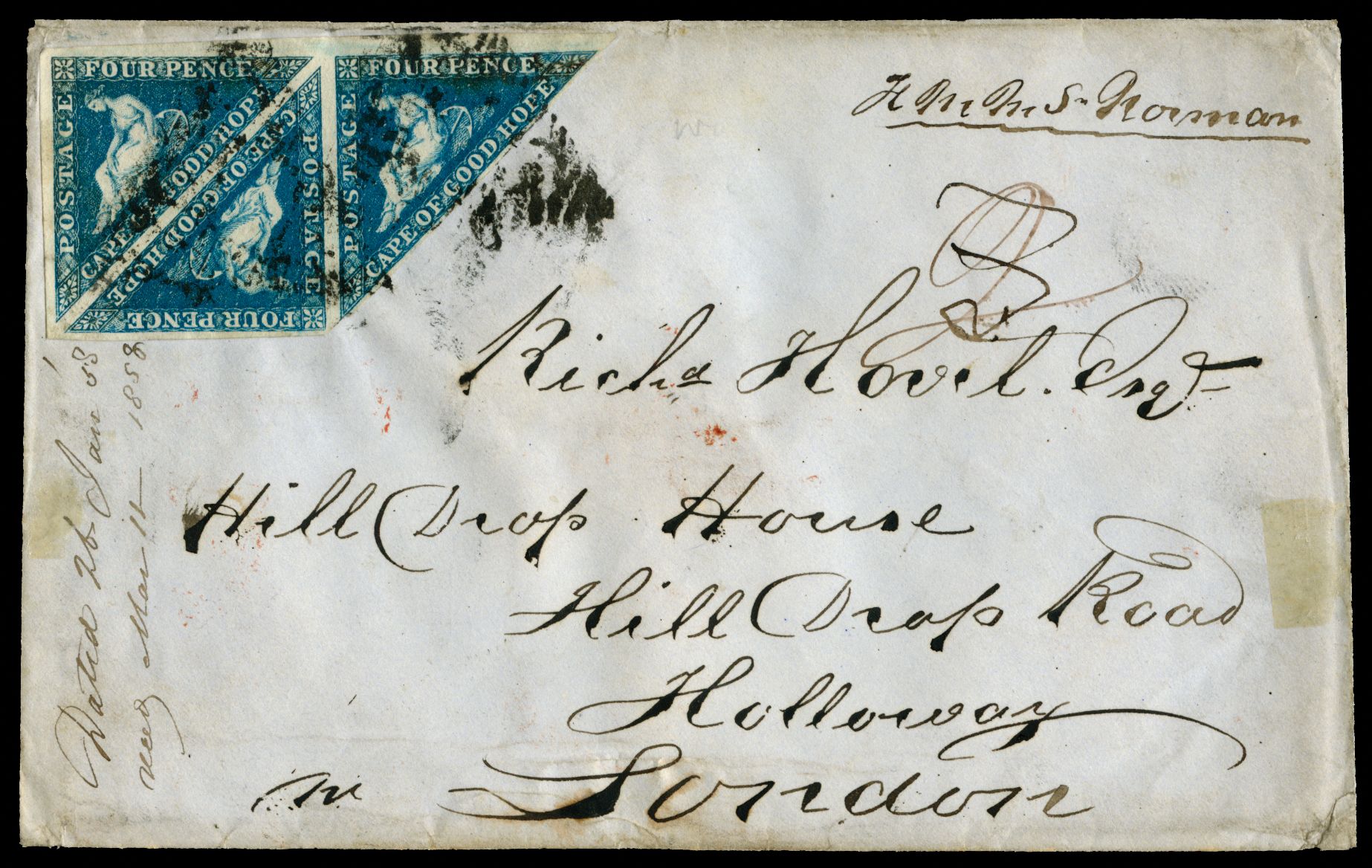 CAPE OF GOOD HOPE - 1853-63 Triangular 4d blue block of three (touched to massive margins) tied to