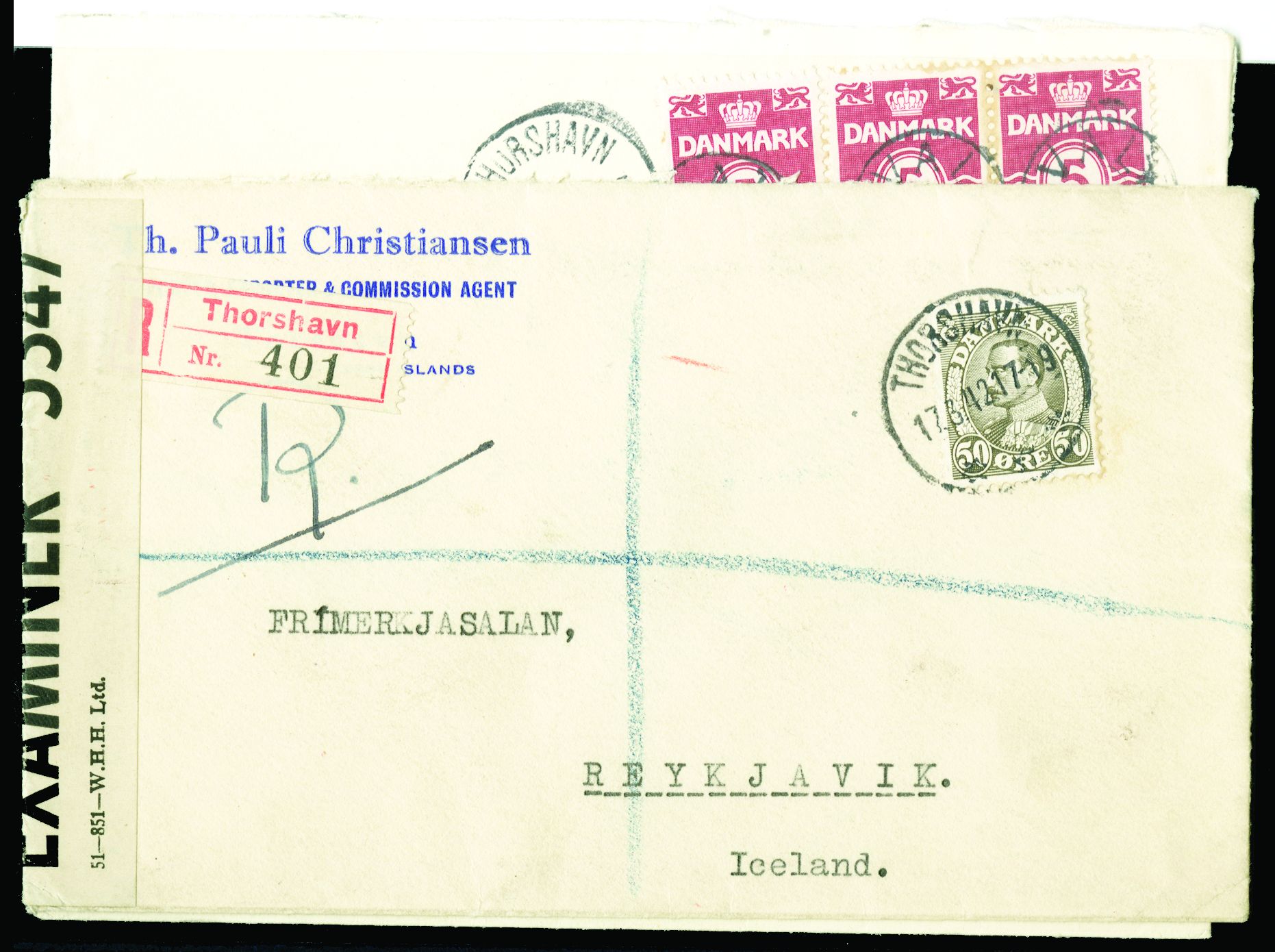 FAROES ISLANDS Denmark Used In: 1942 (17 March) reg cover from Thorshavn to Reykjavik, Iceland,