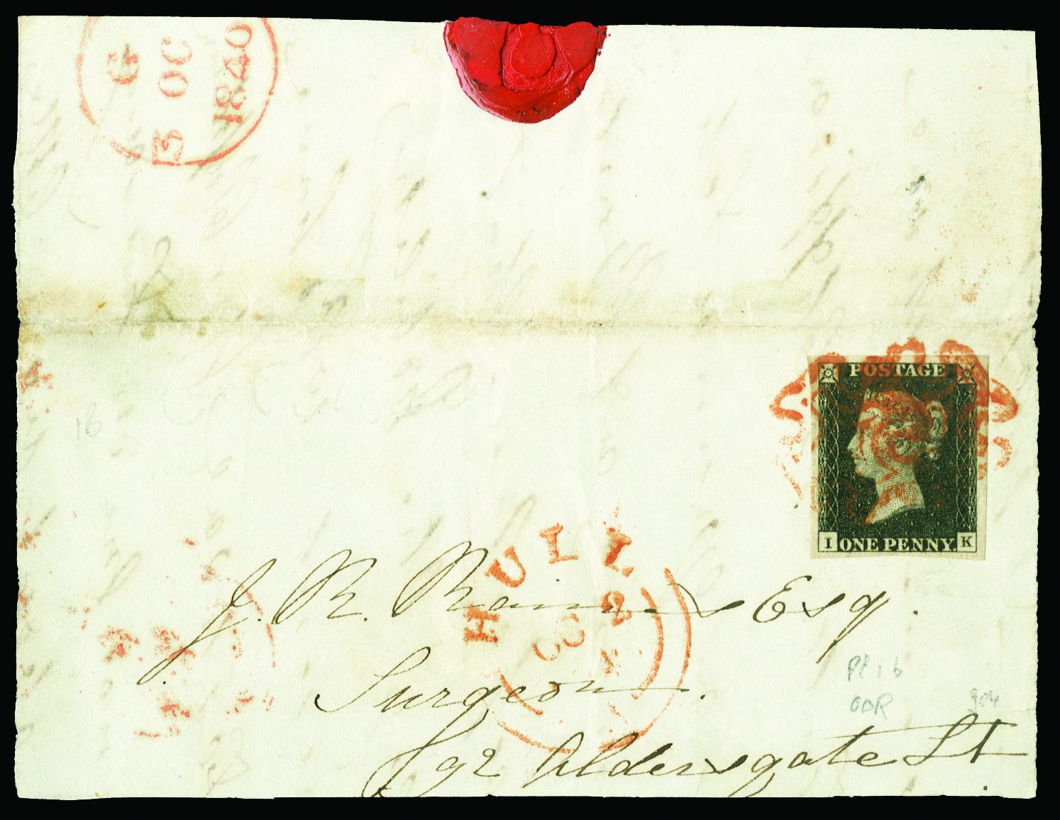 1840 1d PLATE 1 1840 1d black plate 1b: IK four large to very large margins, tied to large piece by