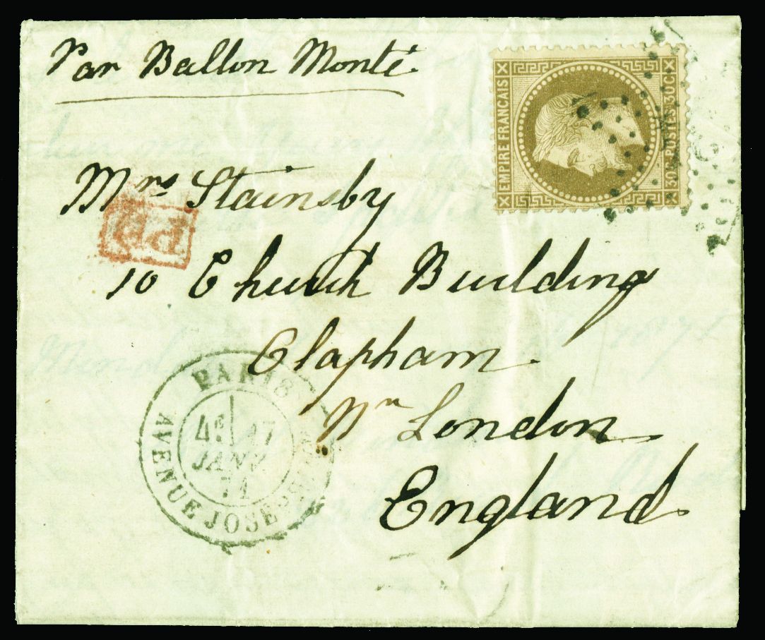 FRANCE Paris Balloon Posts: 1871 January 17 entire letter addressed to London franked 30c tied by