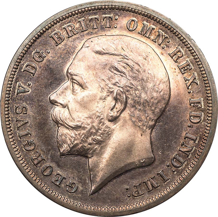 George V, proof crown, 1935, raised error edge, bare head l., rev. stylized St. George and the