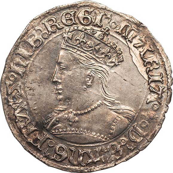Mary (1553-1554), groat, mm. pomegranate, crowned bust l., rev. long cross fourchée over shield of