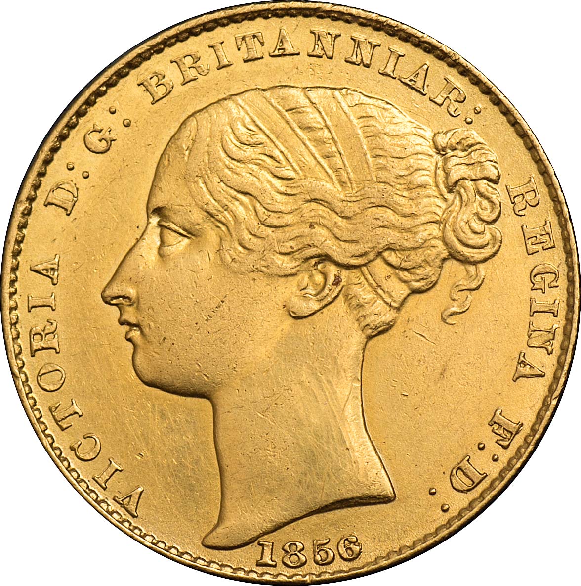 G  Australia, Victoria, sovereign, 1856, Sydney mint, young head l., with fillet in hair, rev.