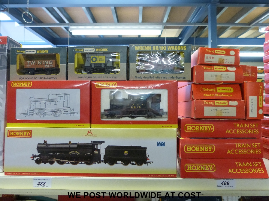 Three Hornby 00 gauge locomotives, R2403 'Derwent Grange', an 04-0 diesel shunter and an 0-6-0