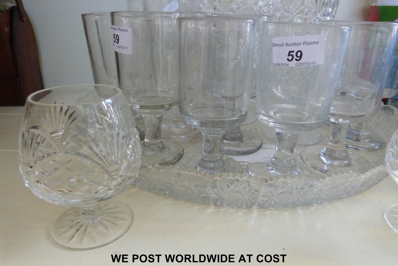 Collection of Czechoslovakian glass ware, matching cut glass dish.
