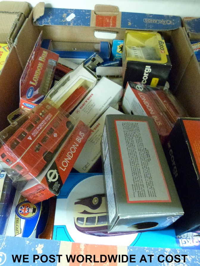 Over 60 diecast model buses to include Corgi, Dinky, Matchbox etc, many in original boxes