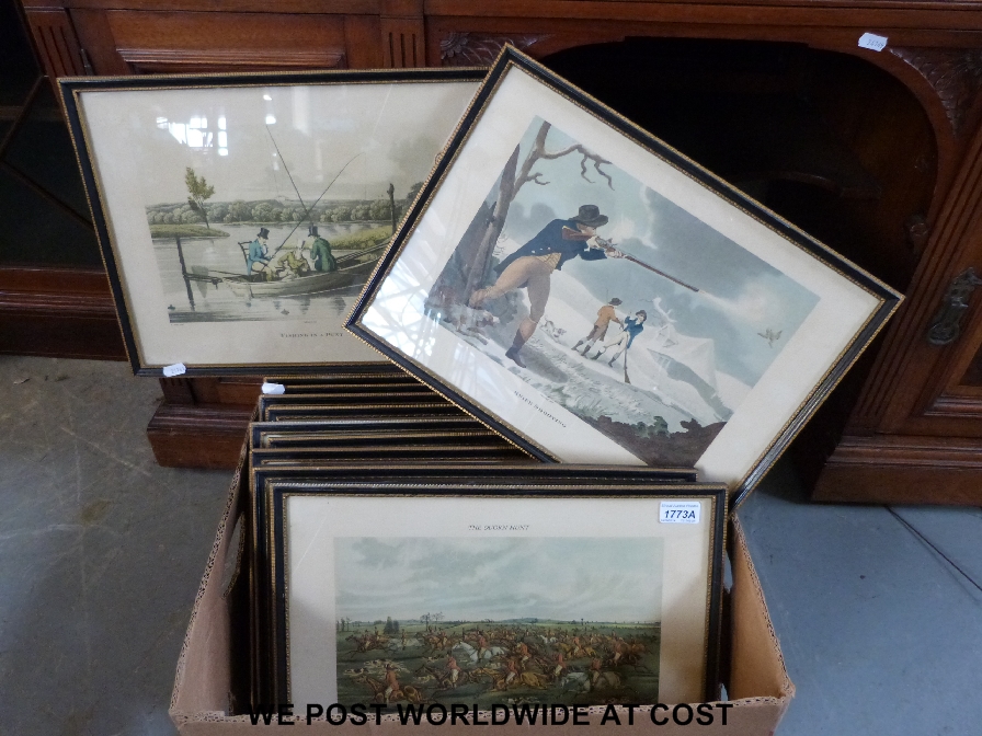 A collection of 12 sporting prints including shooting, fishing, racing etc