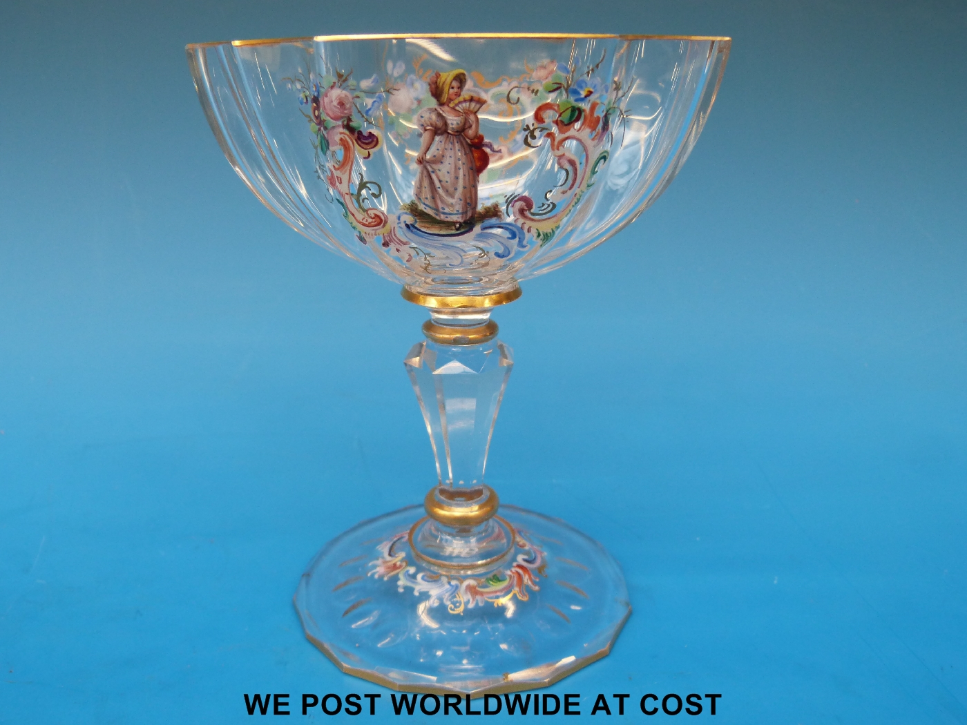 A Lobmeyr cut glass pedestal jug with enamelled decoration, the Lobmeyr monogram to base, height
