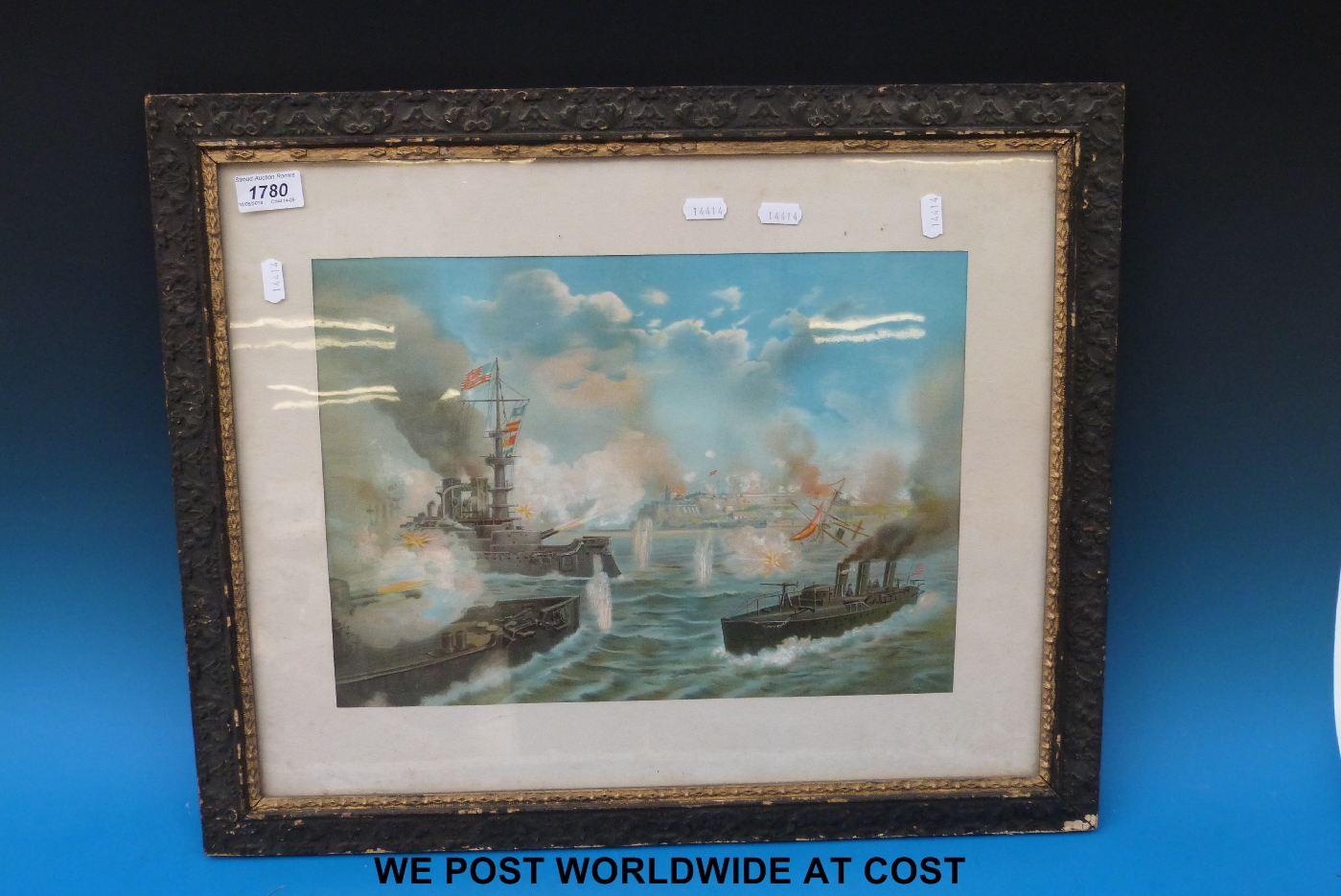 Oil on canvas of a WWII harbour being bombed, 36 x 54cm together with four various military prints