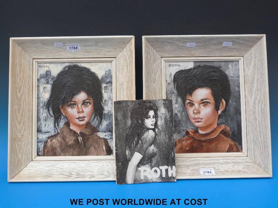 Roth acrylic on canvas paintings of a boy and a girl, each 26 x 21cm