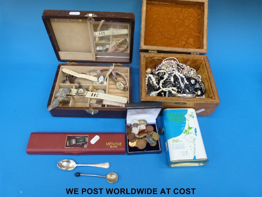 A quantity of costume jewellery, watches etc including white metal spoon, necklaces, foreign coinage