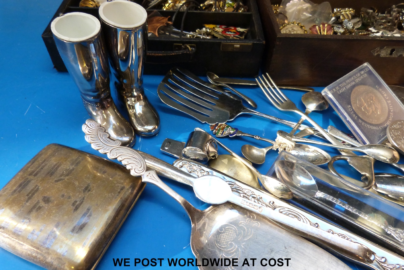 A quantity of costume jewellery, cutlery etc, some white metal content.