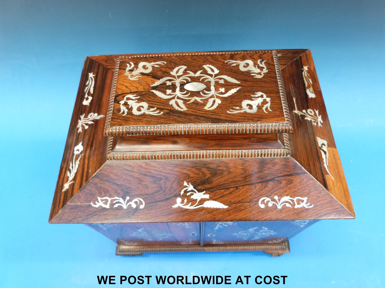 A 19thC rosewood mother of pearl inlaid jewellery/work box, the top lifting to reveal a gilt leather - Image 3 of 4