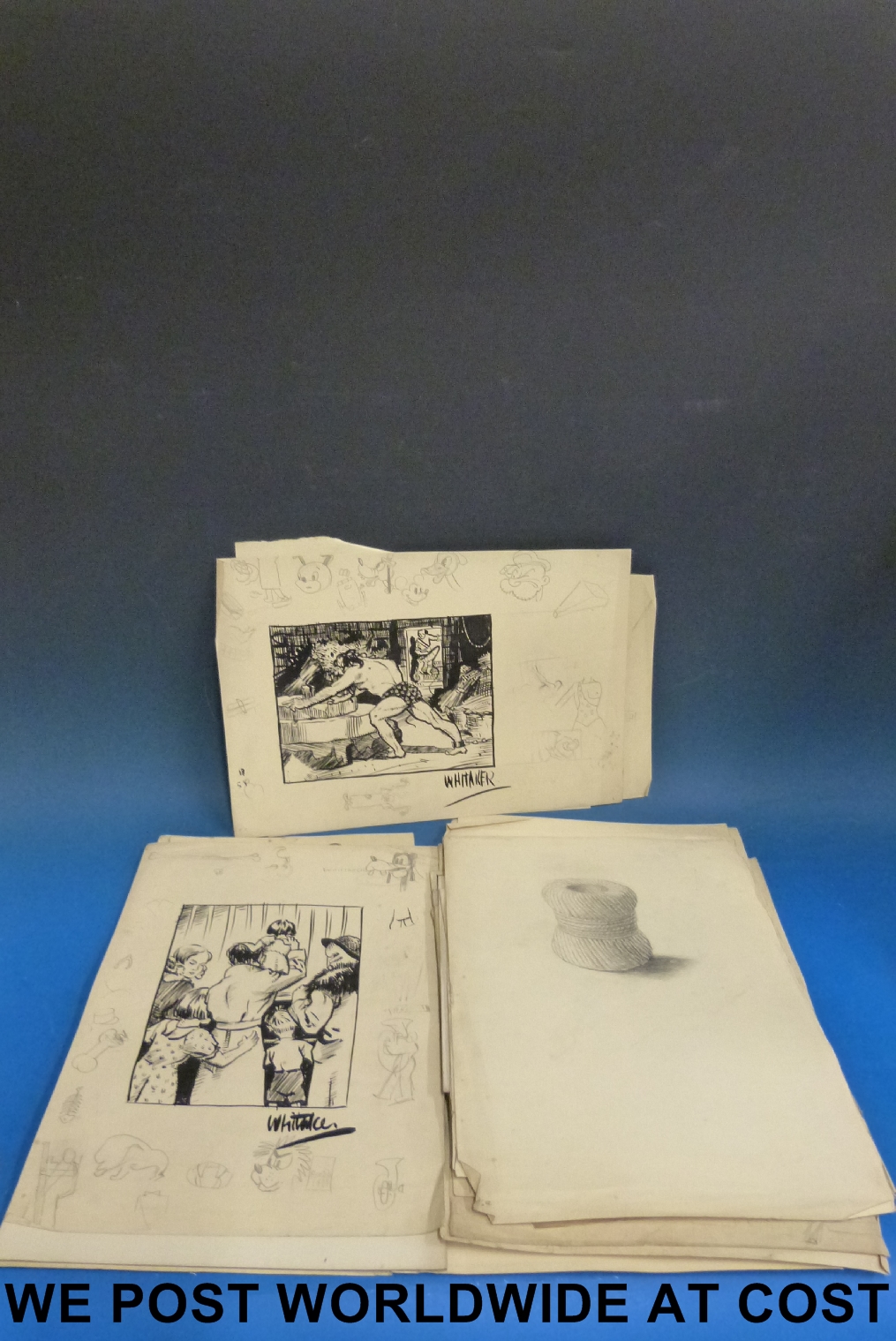 A portfolio marked " Proof-with care" of pen and ink pictures, book style pictures of people, some