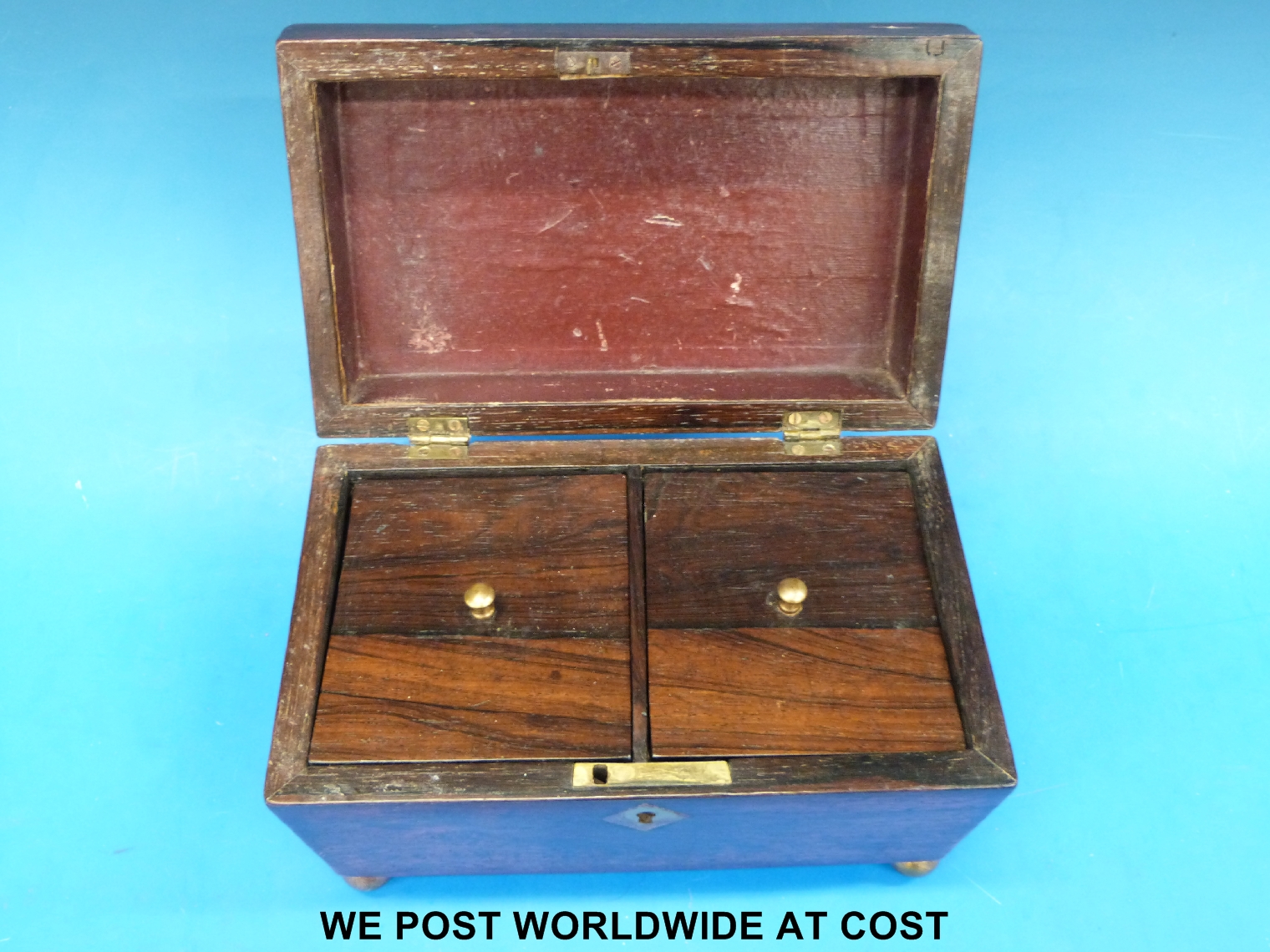 A rosewood sarcophagus tea caddy raised on brass ball feet, width 21cm - Image 3 of 3