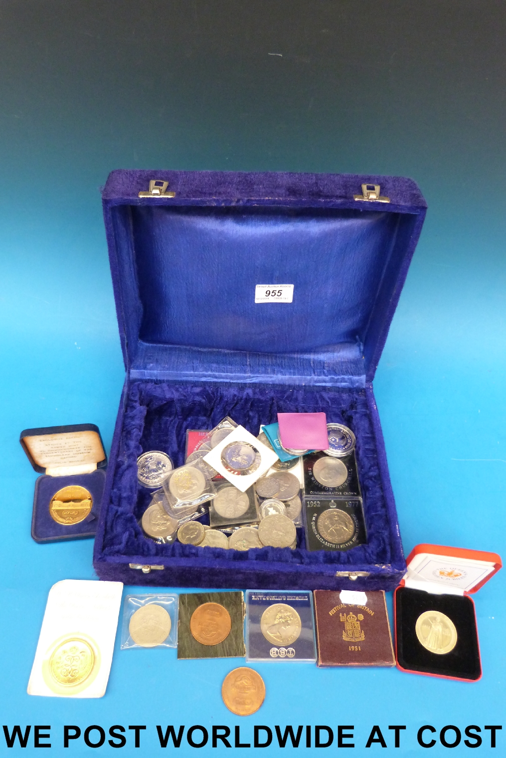 Cased 2002 Golden Jubilee Commemorative medal, 1951 crown, Ashmolean Museum bronze coin and case