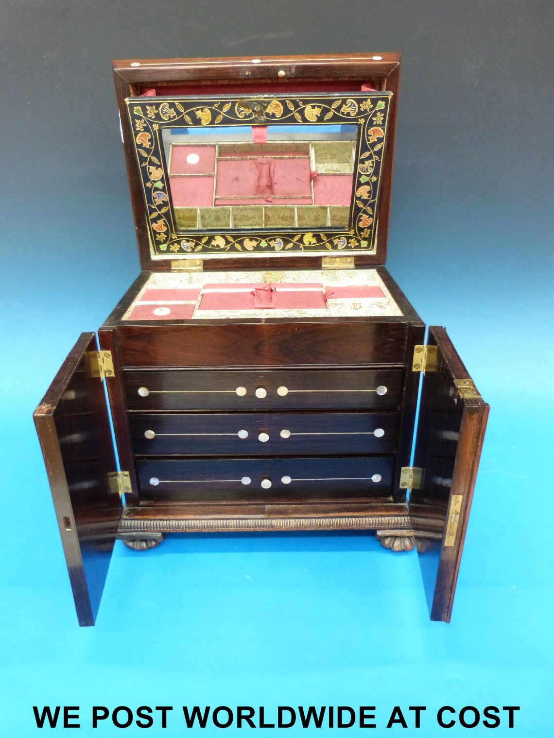 A 19thC rosewood mother of pearl inlaid jewellery/work box, the top lifting to reveal a gilt leather - Image 4 of 4