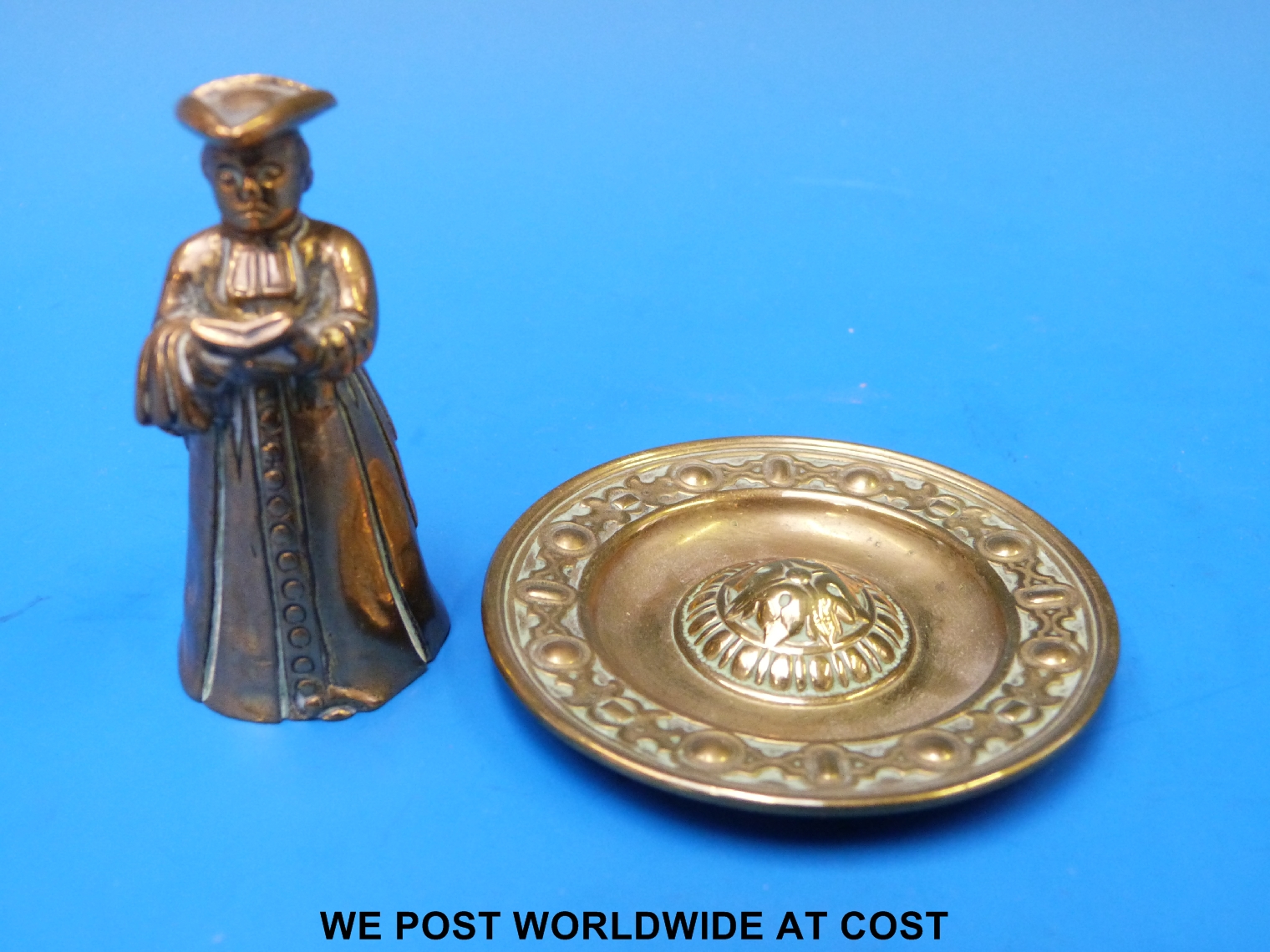 A 19thC brass figure of a cardinal (height 6cm) together with miniature brass pin tray etc