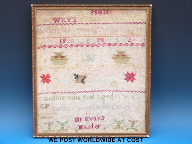 Sampler by Caroline Julia Pool, Bishopswood School, dated 1869 with lettering and pictorial