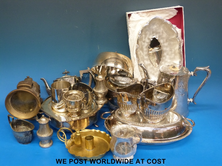 Collection of plated ware including a warming dish, boxed WMF dish, entree dish, motorcycle lamp