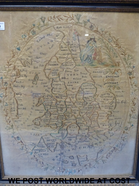 A framed and glazed Georgian silk work map of England & Wales dated 1797.