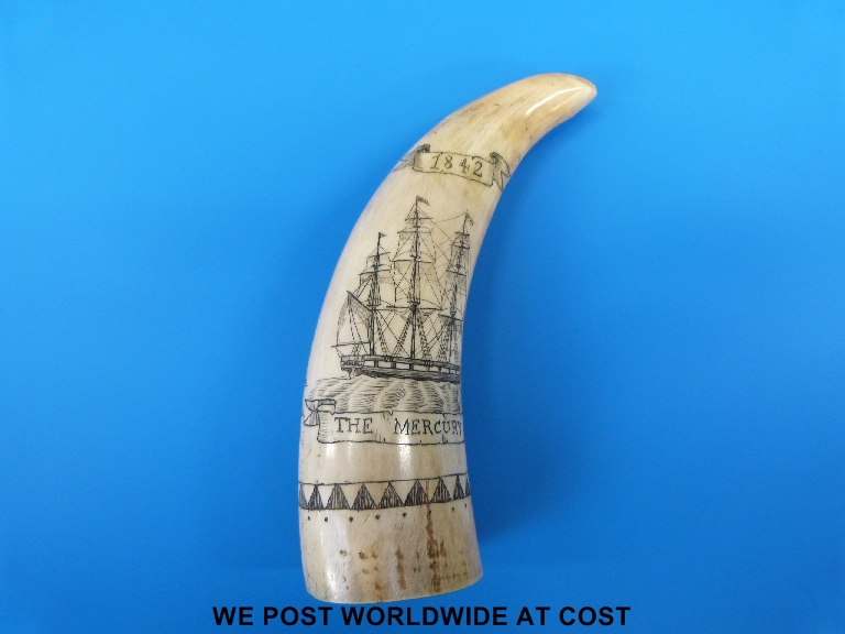 A very rare 19thC whale's tooth 1842 dated scrimshaw finely decorated with the whaler/sailing