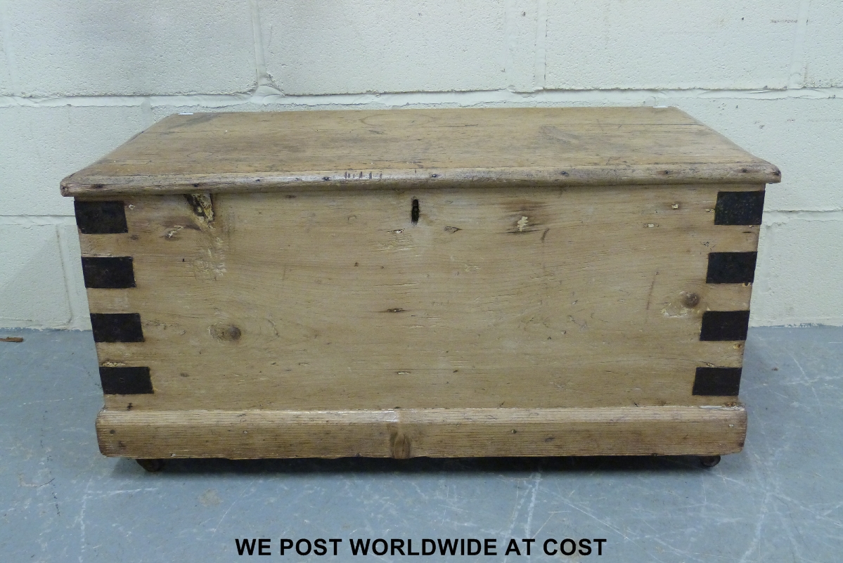 19thC metal-bound pine chest, width 92 cm.