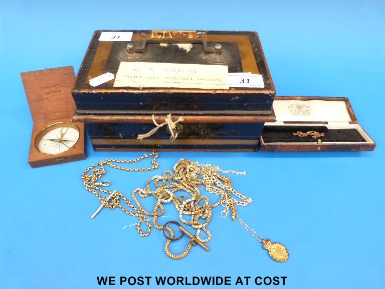 9ct gold brooch, watch chain, vintage bank box and a Kemp & Co, Edinburgh compass in wooden case