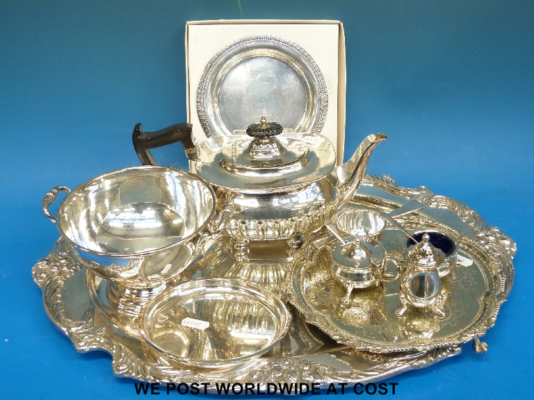 Collection of silver plate including Walker & Hall teapot, tray, condiments etc.
