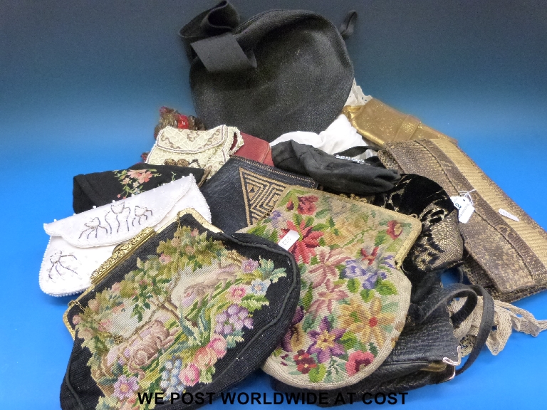 Vintage snakeskin handbag together with a collection of vintage and retro handbags and textiles