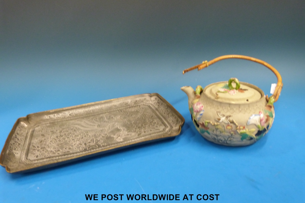 A Chinese tea set and a Chinese pewter tray