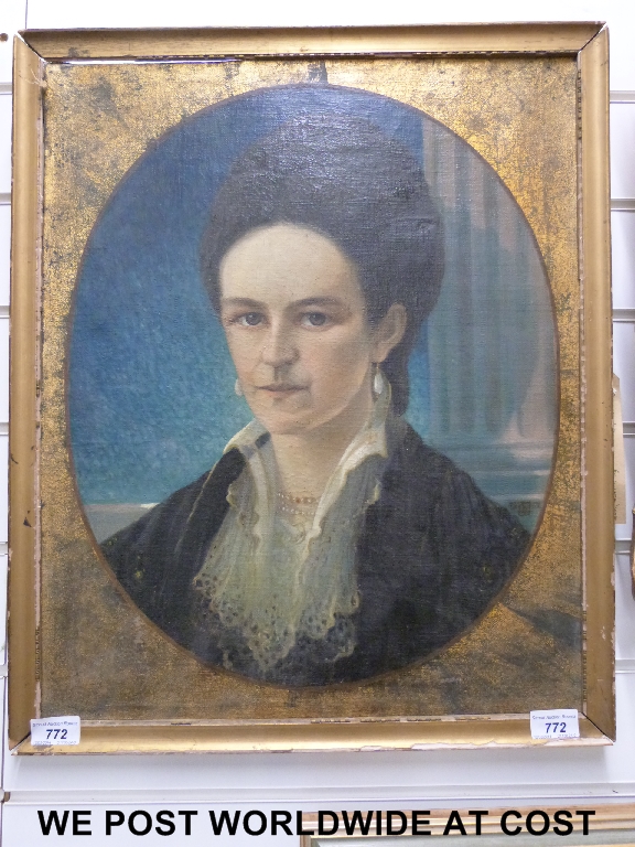 An Edwardian style oil painting of a lady in gold oval frame, monogrammed CH? and dated 1920. By