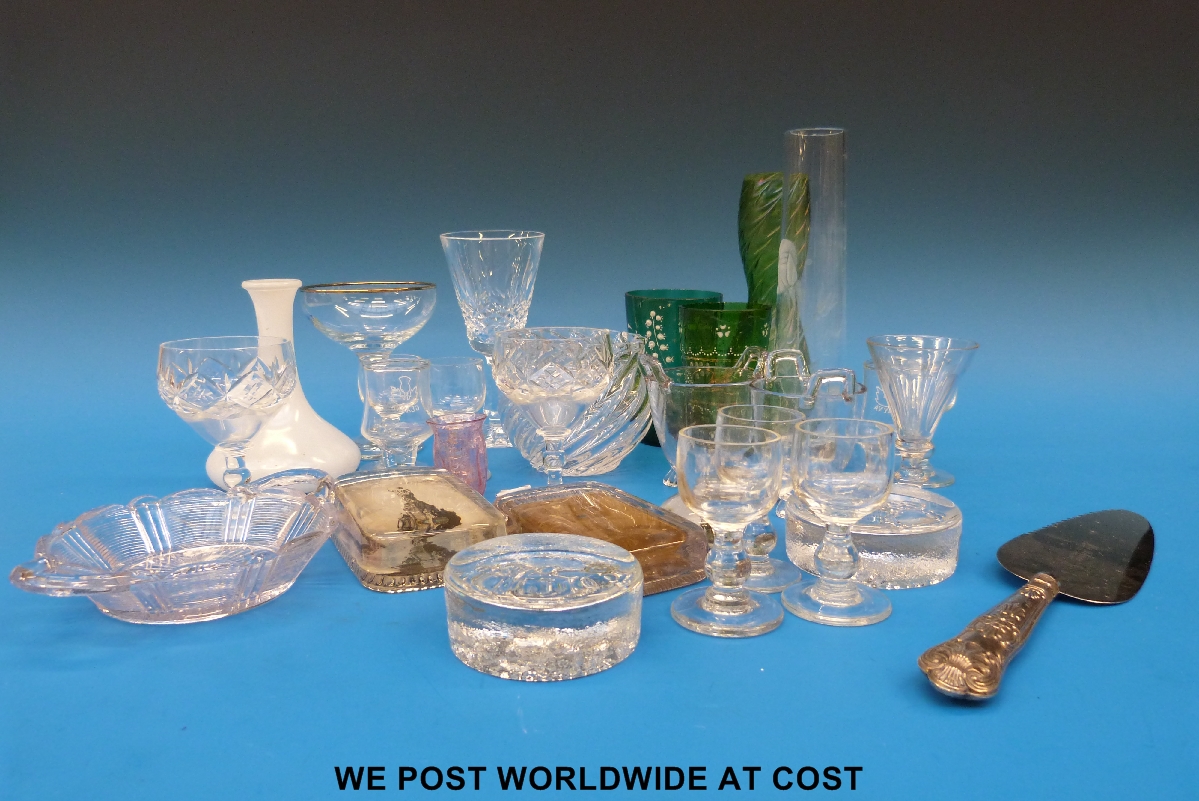 Box of mixed glass including six liqueur glasses, Bohemian vase, paperweights etc.