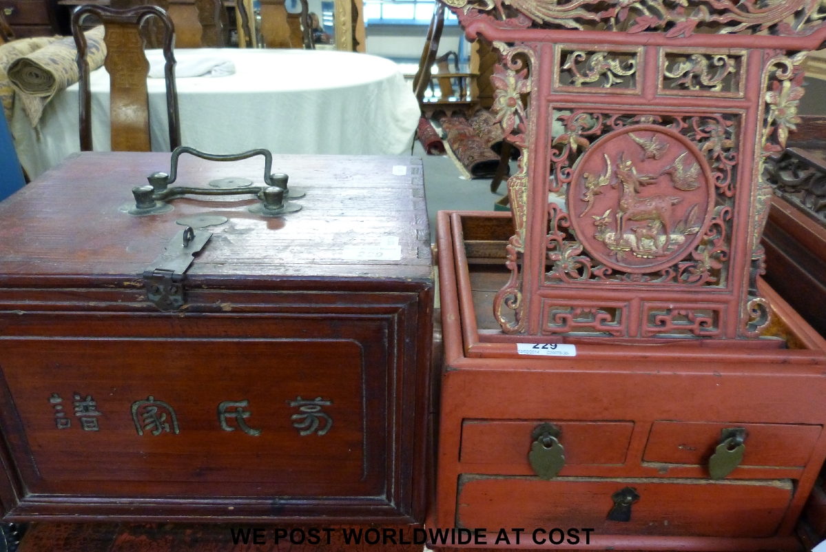 A Chinese altar box with stand and pierced carving together with a Mah Jong box.