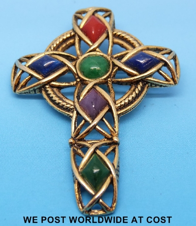 A Scottish yellow metal crucifix brooch set with six various hardstones