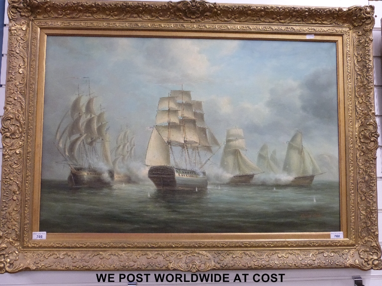 William Candoy oil on canvas ships engaged in battle, 59 x 89 cm, signed bottom right in ornate gilt