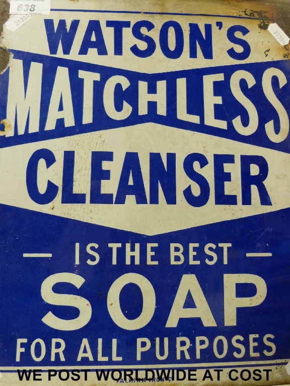 Vintage enamel advertising sign 'Watsons Matchless Cleanser', 32 x 37 cm.