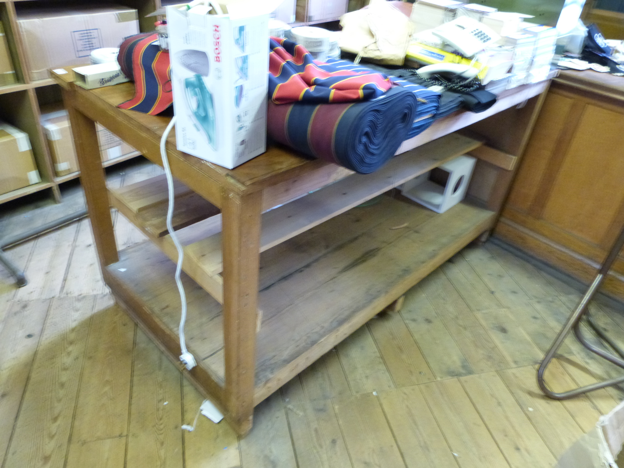 An oak topped tailors worktable with shelf under, length 179cm depth 89cm height 97cm