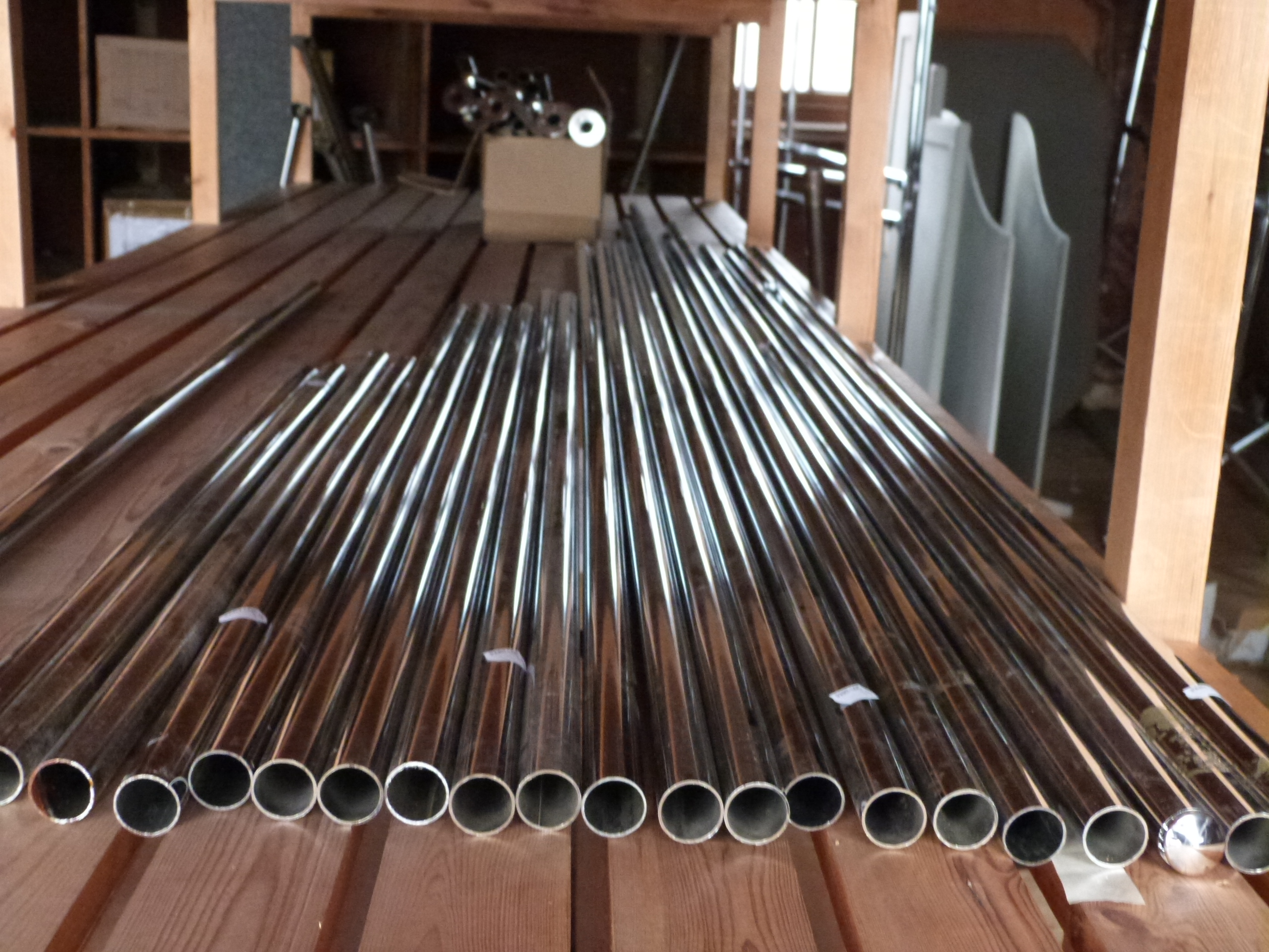 A quantity of chrome railing including a box of fittings etc