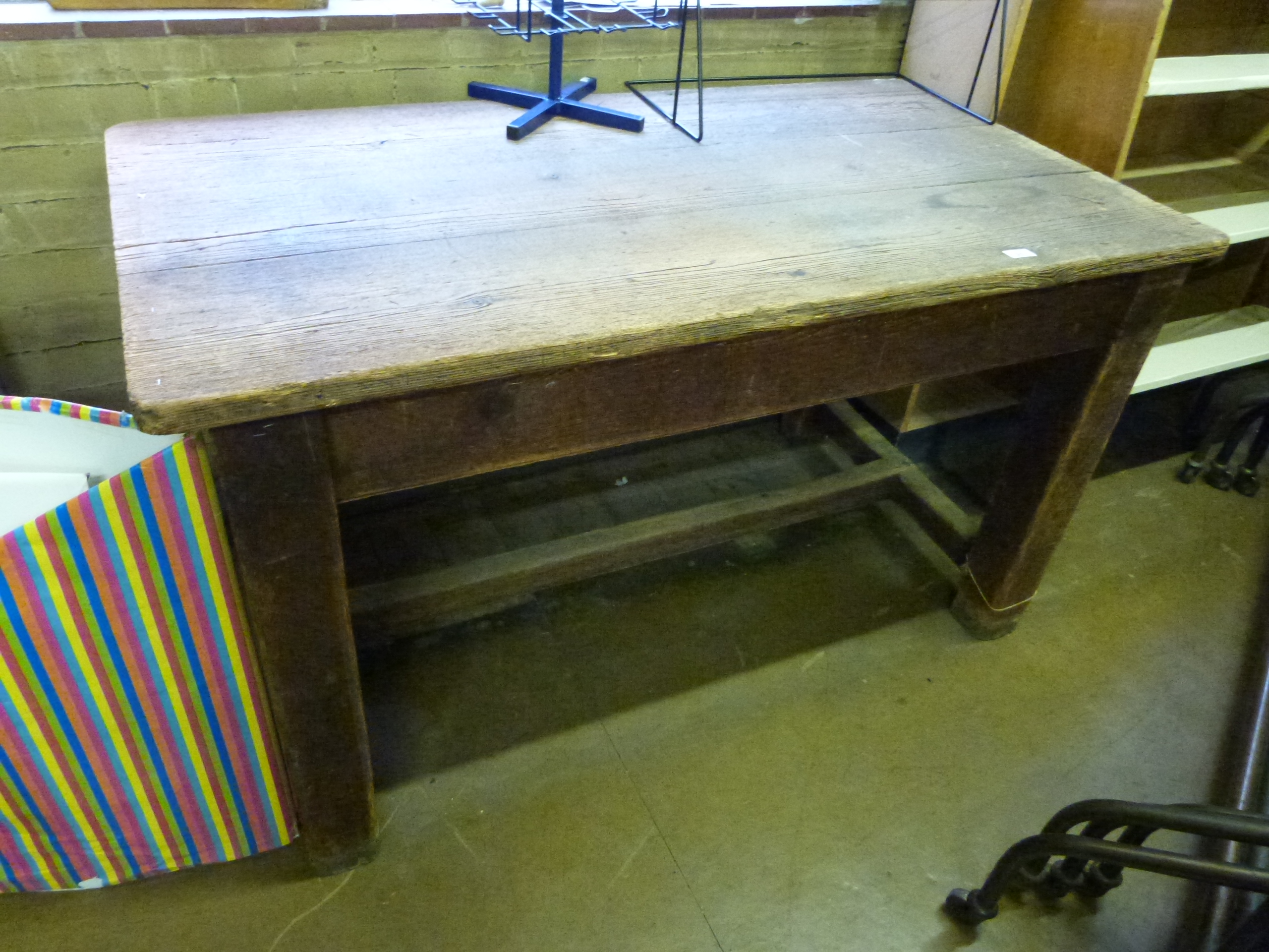 A substantially built worktable or kitchen type table, length 137cm depth 74cm height 78cm