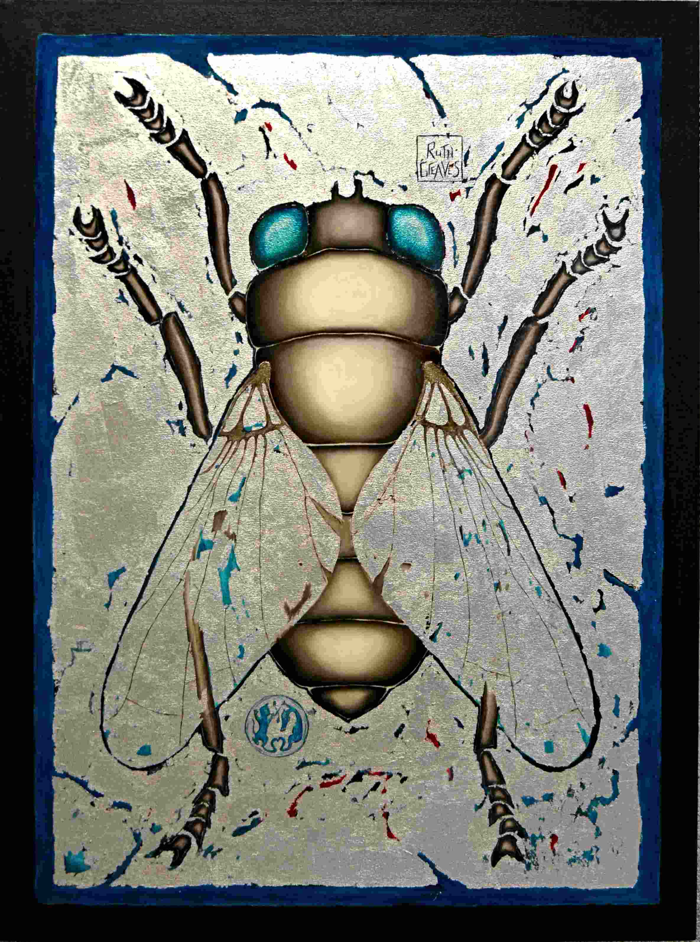 Ruth Greaves Blue Fly II signed, executed in 2012 mixed media on canvas (oil, silver leaf and heat-