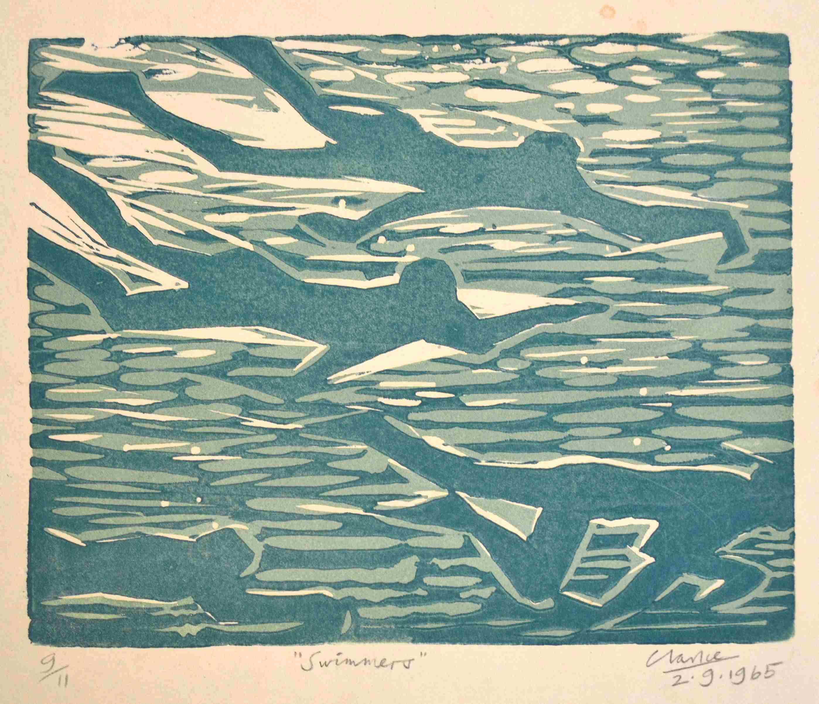 Peter Clarke Swimmers signed, dated 2.9.1965, numbered 9/11 and inscribed with the title in pencil