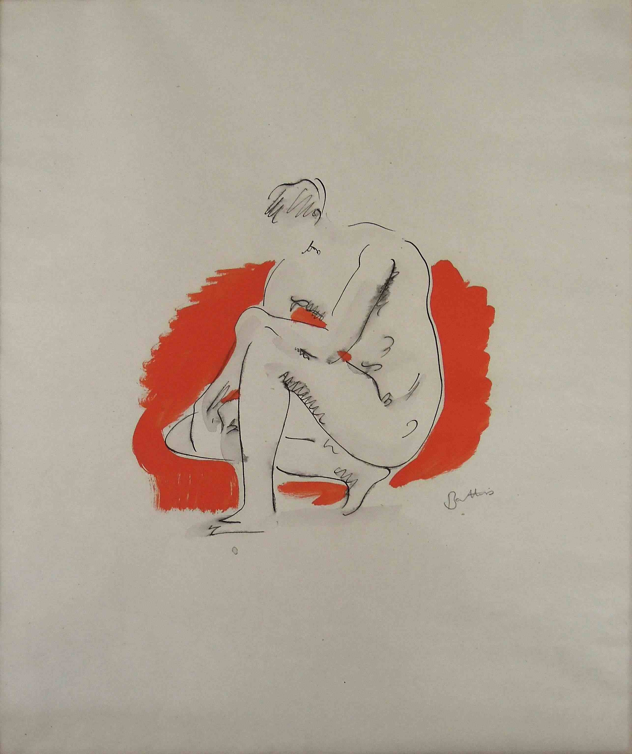 Walter Whall Battiss Crouching Man signed pen, ink and wash 37 by 31cm excluding frame; 74,5 by 68,5