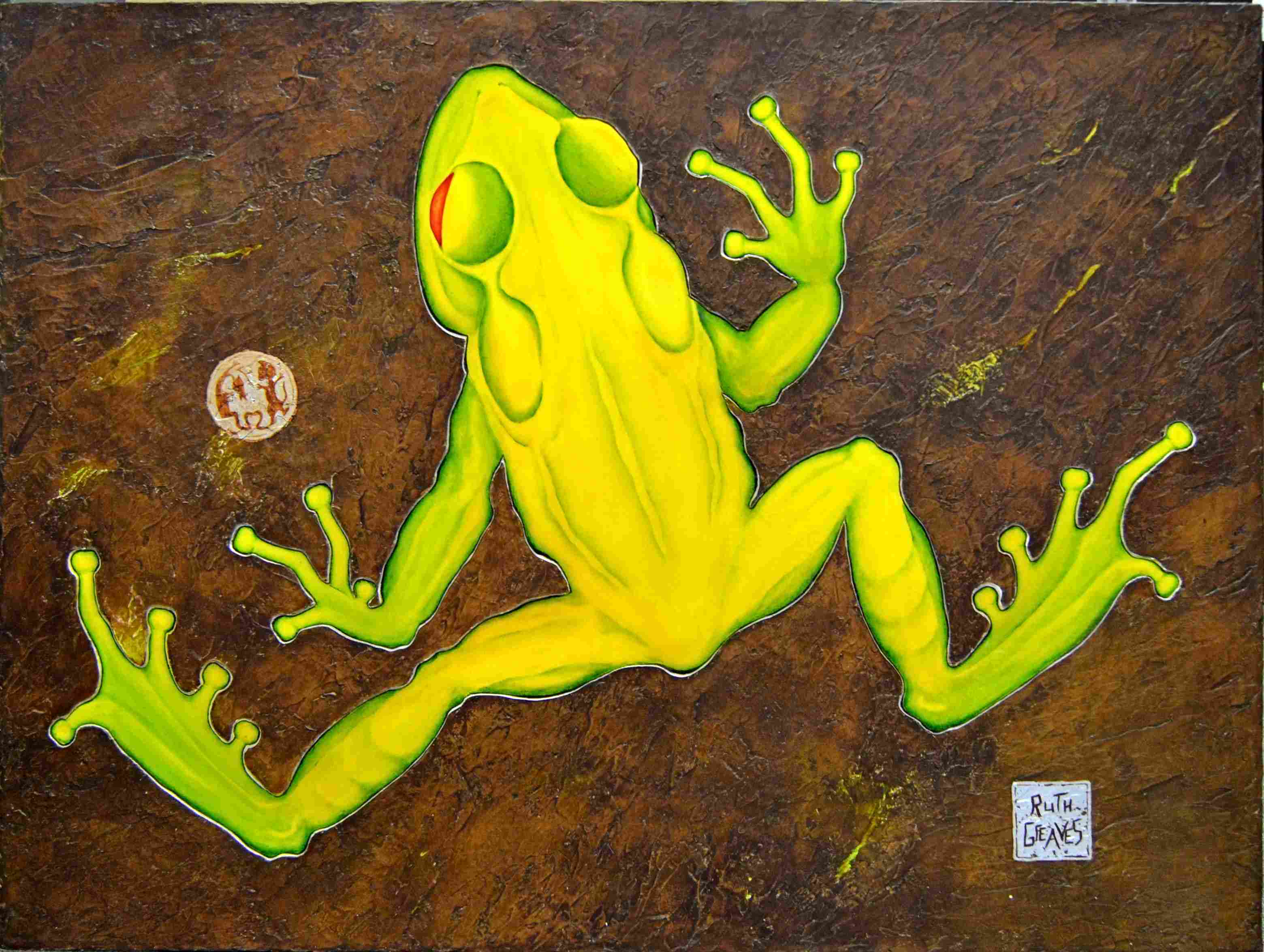 Ruth Greaves Stretched Green Frog signed; dated 2009 and inscribed with the title on the stretcher