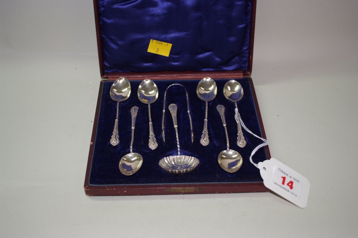 A Victorian cased set of six silver teaspoons, tongs and sifter spoon, by Mappin Brothers,