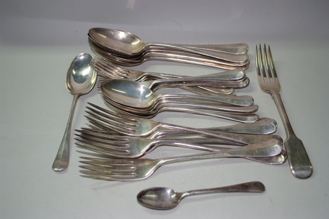A quantity of silver flatware, mostly Old English pattern, mixed dates and makers, 1627g.
