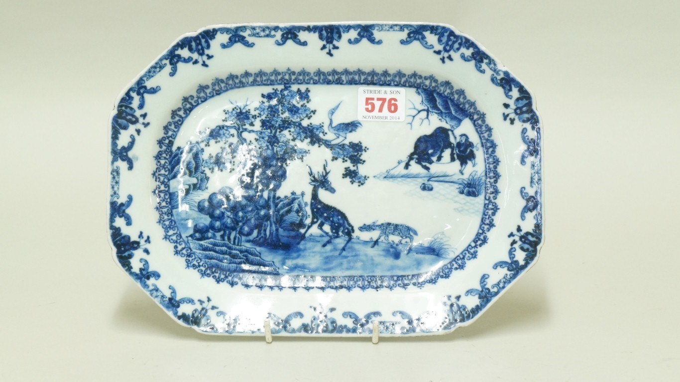 A Chinese blue and white meat plate, late 18th/early 19th century, of chamfered rectangular form,