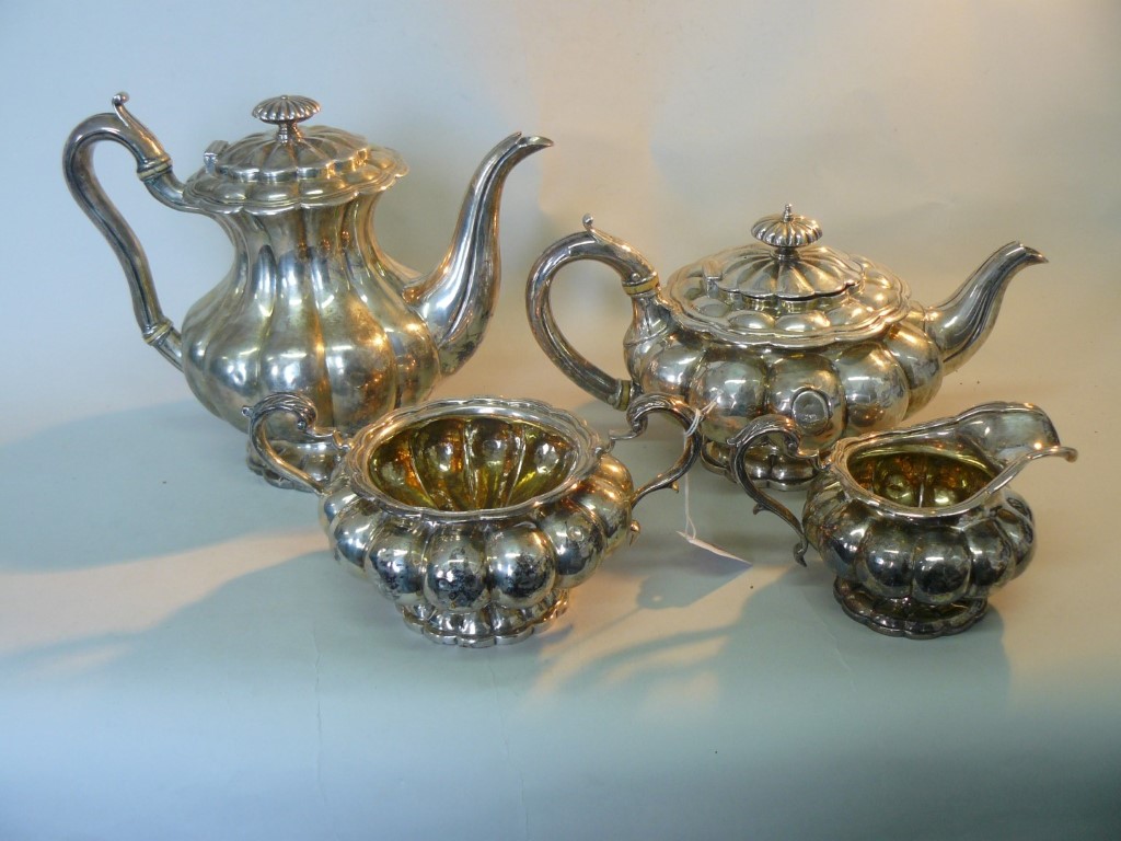 A George IV silver four piece teaset, by Richard Pierce & George Burrows, London 1827 and 1828,